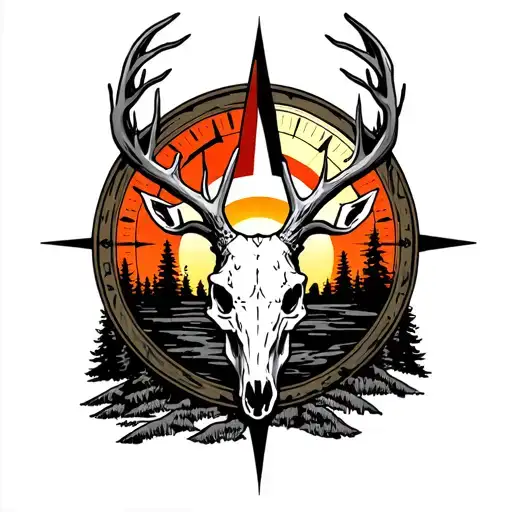 a detailed forest with a deer skull with a sunset depicted by a compass tattoo design idea