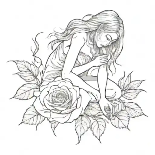 Girl on knees with head as a rose blooming tattoo design idea