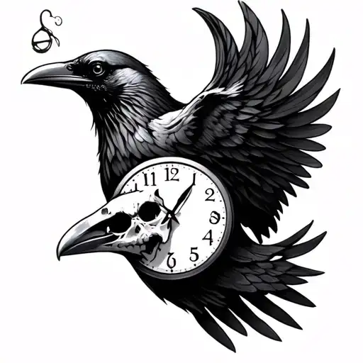 crow skull scale clock tattoo design idea