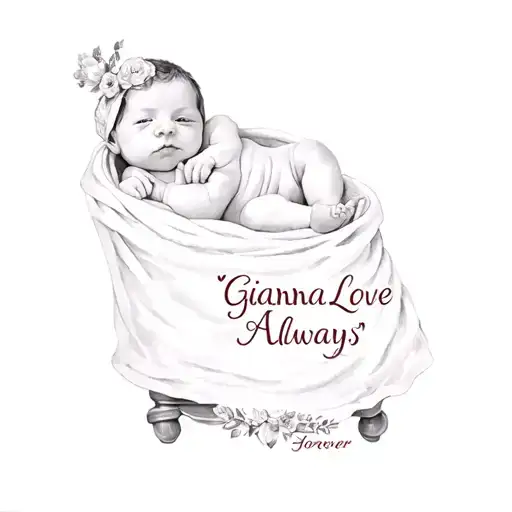 "Gianna Love Always Forever " a baby in a blanket tattoo design idea
