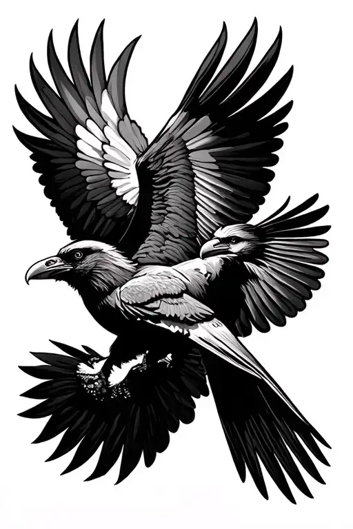 Dominican palmchat bird and an Ecuadorian condor embracing each other in flight, done in American traditional style tattoo design idea