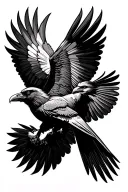 Dominican palmchat bird and an Ecuadorian condor embracing each other in flight, done in American traditional style tattoo design idea