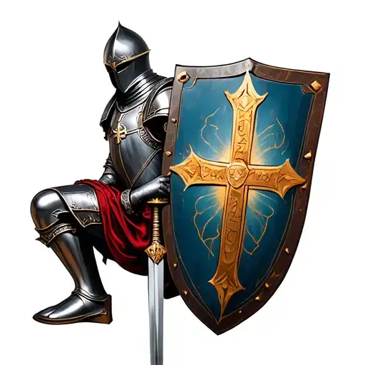 knight templar kneeling with bible shield and sword tattoo design idea