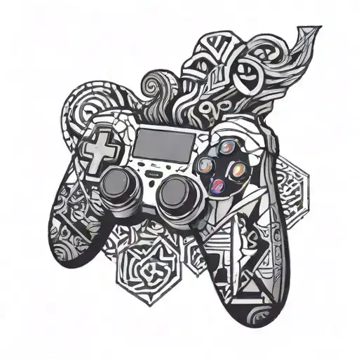 A game controller morphing into a snowboard with intricate geometric patterns tattoo design idea