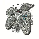 A game controller morphing into a snowboard with intricate geometric patterns tattoo design idea