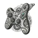 A game controller morphing into a snowboard with intricate geometric patterns tattoo design idea