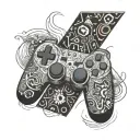 A game controller morphing into a snowboard with intricate geometric patterns tattoo design idea