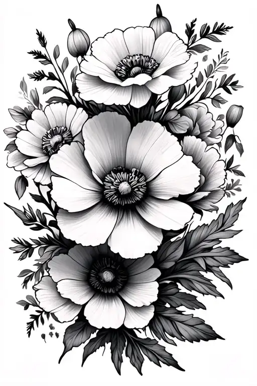 snowdrop, poppy, marigold, cosmos, peony flowers intertwined tattoo design idea