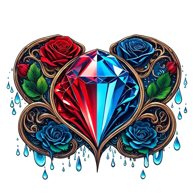 1 blue diamond in middle, red rose, rain drops, surrounded by ovaries fallopian tubes uterus vagina, fertility tattoo design idea
