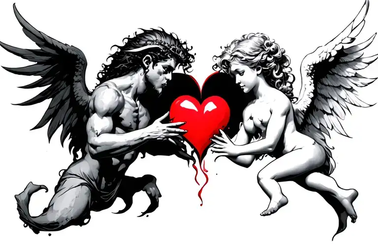 demon and an angel pulling a heart apart tattoo design idea
