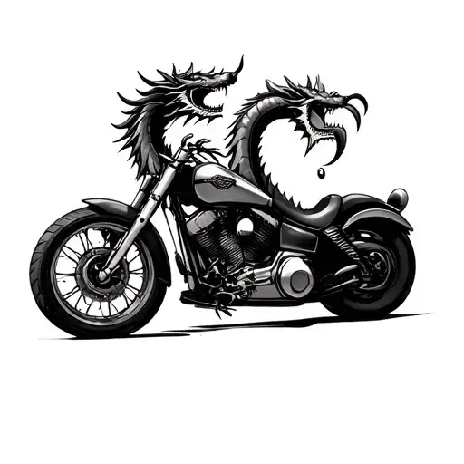 asian dragon, harley quinn, harley davidson motorcycle, kids name liam and dominik and wife sylvia. tattoo design idea