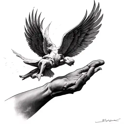 icarus flying towards the hand of god tattoo design idea