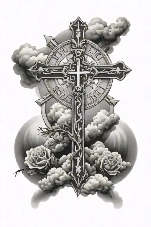 cross of Jesus with clouds and the first name Marianne and 1978 in Roman numerals and the first name Stéphane and 1965 in Roman numerals tattoo design idea