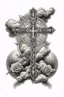 cross of Jesus with clouds and the first name Marianne and 1978 in Roman numerals and the first name Stéphane and 1965 in Roman numerals tattoo design idea