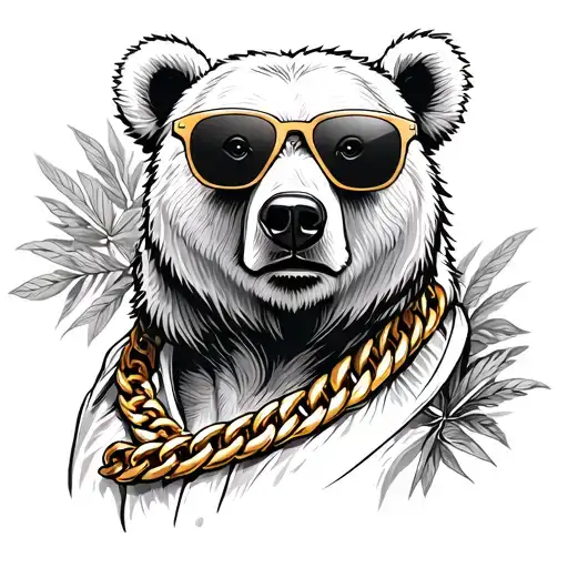 A bear wearing a gold chain and sunglasses, embodying the spirit of rap music and nature tattoo design idea
