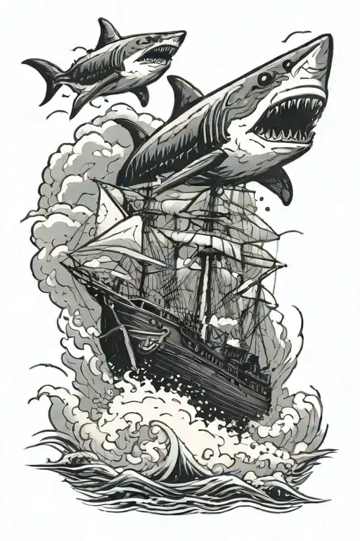 a ship is moving in a storm. three sharks, one jumps on the ship with its mouth open. in the background there are mountains in the fog and clouds tattoo design idea