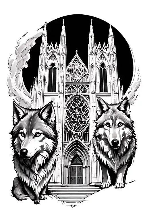 gothic cathedral and wolves  tattoo design idea