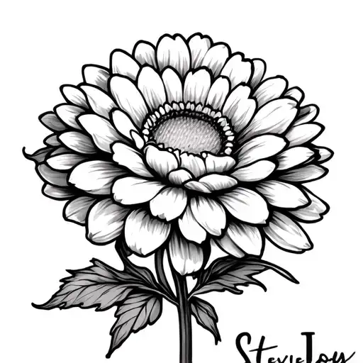 chrysanthemum flower with Stevie Joy in cursive font tattoo design idea