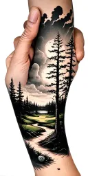creepy forest scene with stormy sky golf course golf ball tattoo design idea