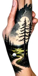 creepy forest scene with stormy sky golf course golf ball tattoo design idea