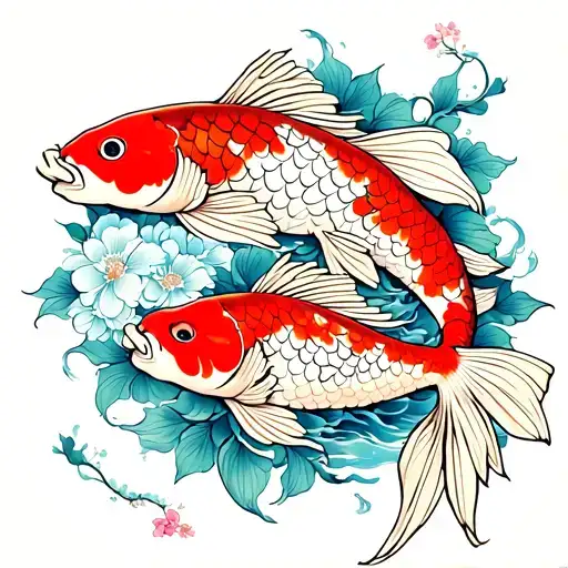  back tattoo in Japanese style. with 2 koi fish, one big one small. With floral and sakura also. All in Japanese style tattoo design idea