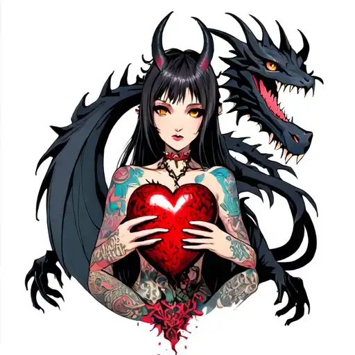 tattooed anime demon girl holding a shattered heart surrounded by a voodoo black dragon tattoo design idea