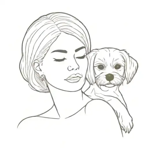 woman with closed eyes and short hair holding a dog maltese breed  tattoo design idea
