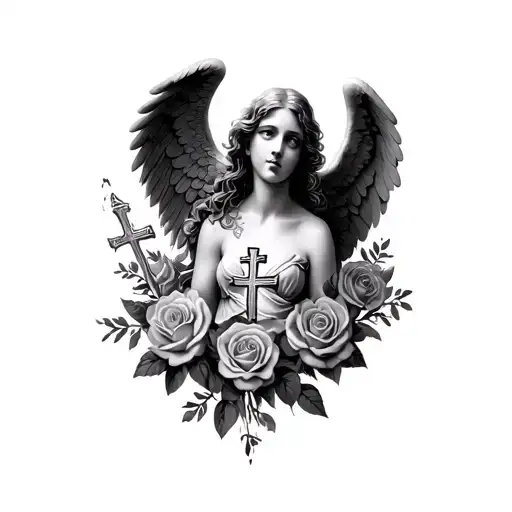 angels with crosses on the face and roses around the angel tattoo design idea