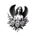 angels with crosses on the face and roses around the angel tattoo design idea