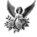 angels with crosses on the face and roses around the angel tattoo design idea