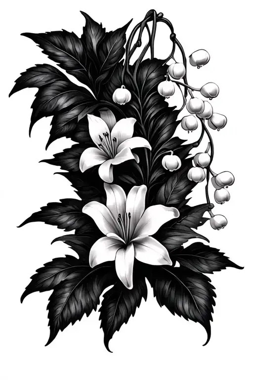 ornamental with black out and with Lily of the valley flowers gothic style for throat tattoo design idea