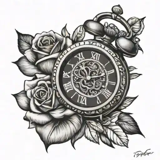clock, pray hand, rose tattoo design idea