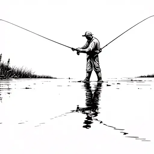 simple outline of a man fly fishing with his reflection in the water tattoo design idea