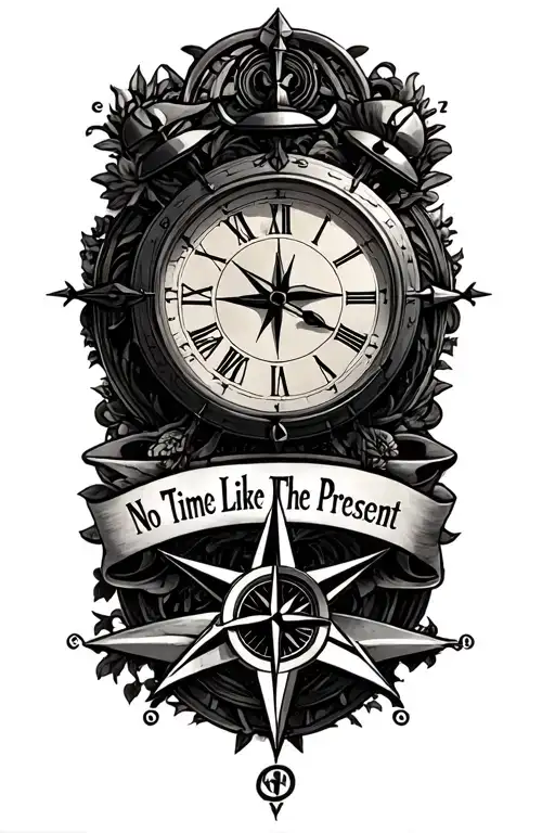 "No Time Like The Present" clock and a compass rose tattoo design idea