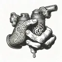 Two left hands with bridal fed holding one a lighted zippo and the other one a little bottle with fuel tilt over zippo tattoo design idea