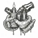 Two left hands with bridal fed holding one a lighted zippo and the other one a little bottle with fuel tilt over zippo tattoo design idea