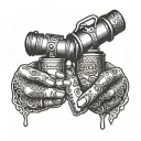 Two left hands with bridal fed holding one a lighted zippo and the other one a little bottle with fuel tilt over zippo tattoo design idea