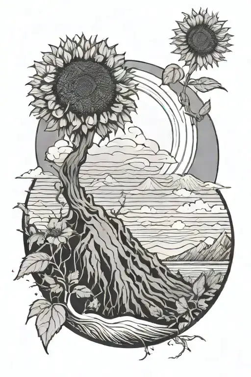 sisyphus, one bright star, Milwaukee, field of sunflowers, great wave, black and white tattoo design idea
