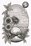 sisyphus, one bright star, Milwaukee, field of sunflowers, great wave, black and white tattoo design idea