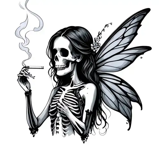 fairy with skeleton smoking cigarette tattoo design idea