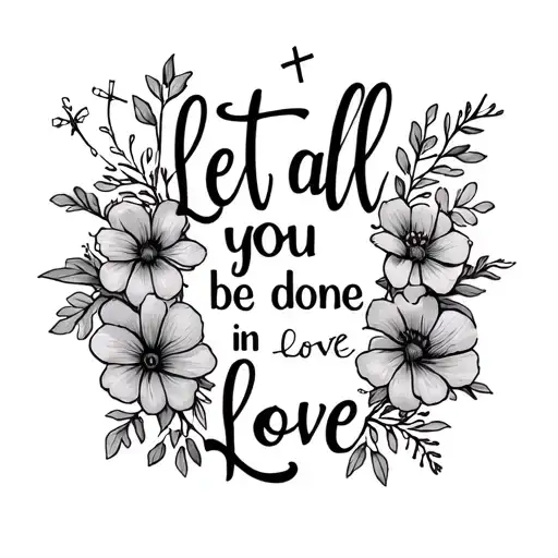 a quote saying "let all you do be done in love" with flowers around and add a cross tattoo design idea