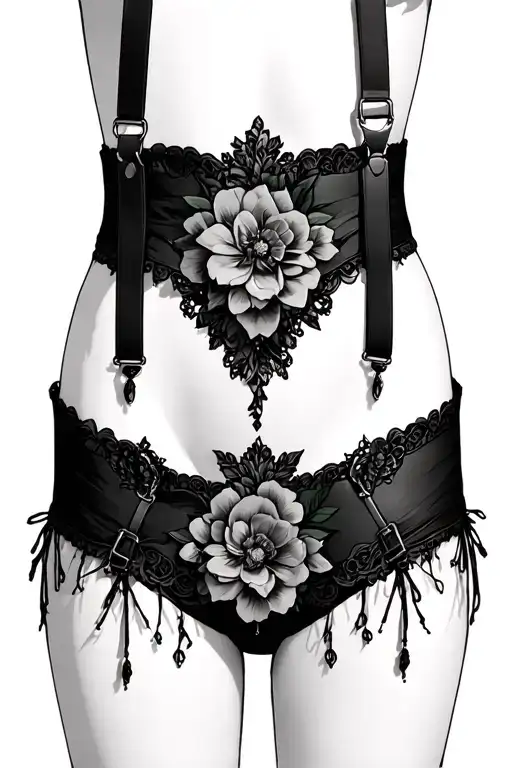 Garter waist belt dark florai with suspenders thigh highs tattoo design idea