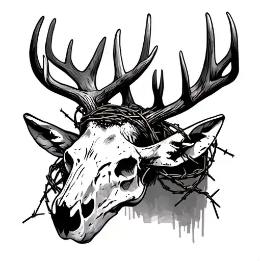 deer skull with antlers wrapped in barbed wire tattoo design idea