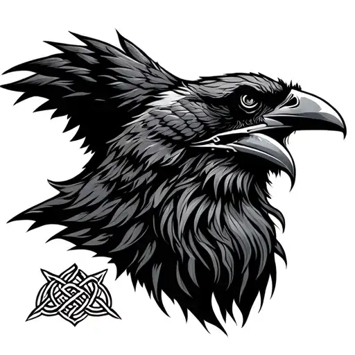 Celtic warrior head with a raven as a beard with celtic knot work background tattoo design idea
