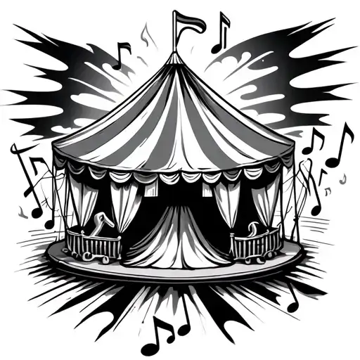 tattoo, such as “A grand circus tent with musical notes and instruments intertwined, surrounded by abstract sound waves tattoo design idea