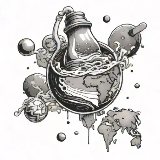 the earth getting a cup of lean poured onto it with a galaxy back ground and pills surrounding the planet with 999 at tm tattoo design idea