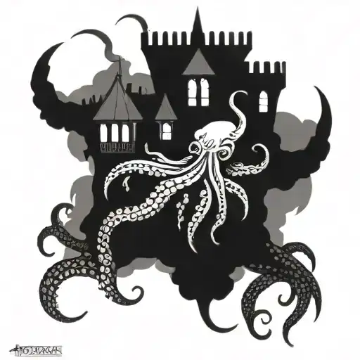 lovecraft style castle horror tentacles tattoo design idea