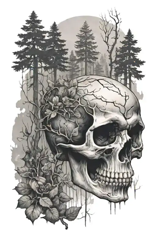 skull in foggy forest tattoo design idea