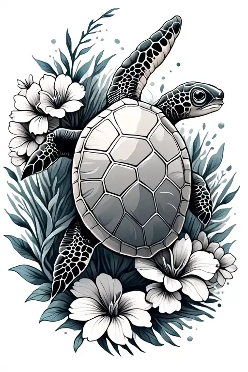 sea turtle swimming with flowers surrounding tattoo design idea