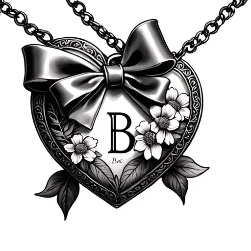 heart shaped locket with a bow and initial B and birth flowers November  tattoo design idea